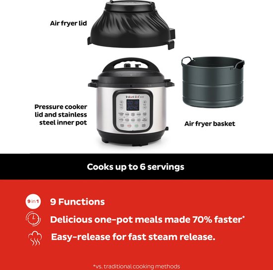 Instant Pot Duo Crisp 7,6L multicooker met airfryer - Snelkoken, sauteren, stomen, slow cook, sous vide, warmhouden, air fry, roosteren, bakken, braden en dehydrateren.