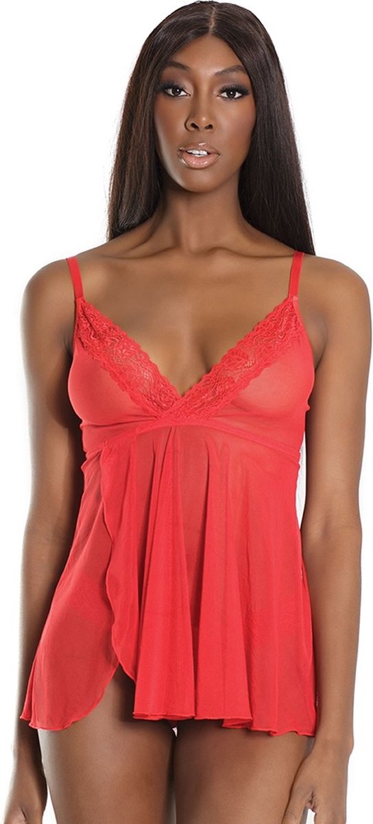 Trim Babydoll And Thong - Red