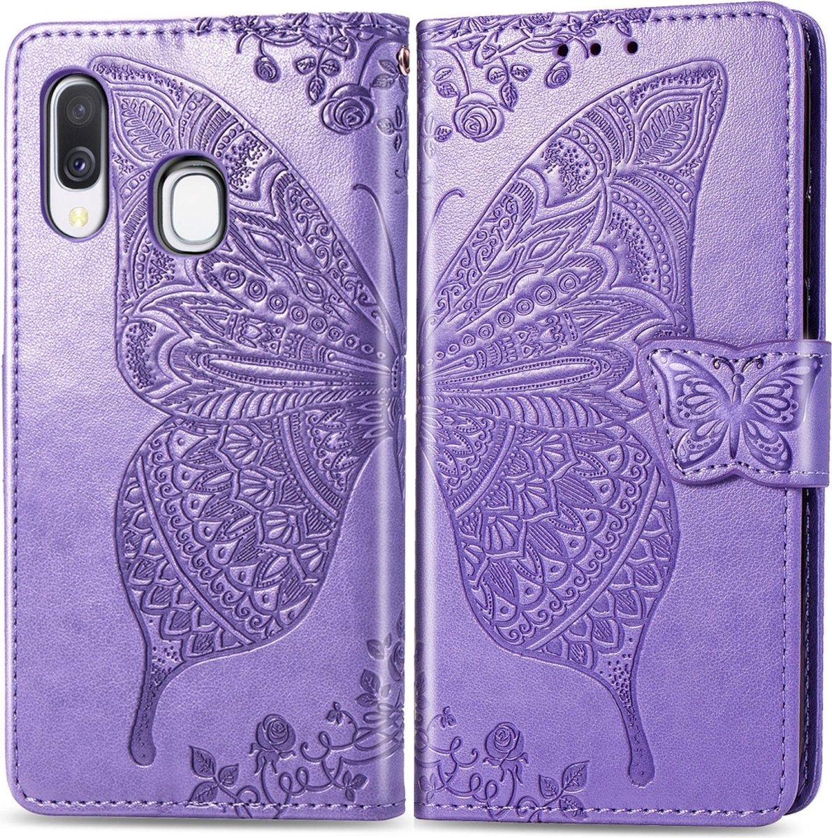Mobigear Telefoonhoesje geschikt voor Samsung Galaxy A40 Hoesje | Mobigear Butterfly Bookcase Portemonnee | Pasjeshouder voor 3 Pasjes | Telefoonhoesje voor Pinpas / OV Kaart / Rijbewijs - Paars