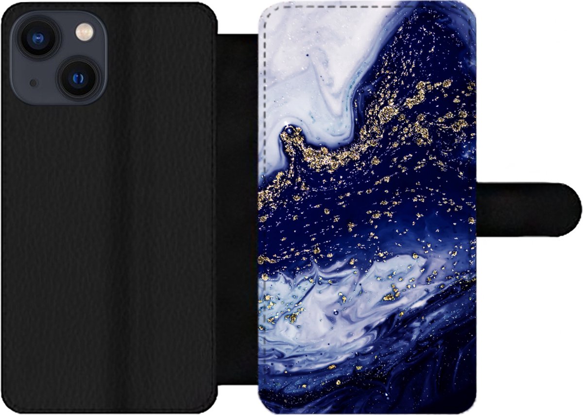 Telefoonhoesje Geschikt voor iPhone 13 Mini telefoonhoesje - Marmer print - Goud - Natuurstenen - Met vakjes - Wallet case met magneetsluiting