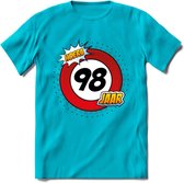 98 Jaar Hoera Verkeersbord T-Shirt | Grappig Verjaardag Cadeau | Dames - Heren | - Blauw - S