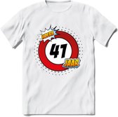 41 Jaar Hoera Verkeersbord T-Shirt | Grappig Verjaardag Cadeau | Dames - Heren | - Wit - XL