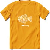 I Love Fishing - Vissen T-Shirt | Wit | Grappig Verjaardag Vis Hobby Cadeau Shirt | Dames - Heren - Unisex | Tshirt Hengelsport Kleding Kado - Geel - XL