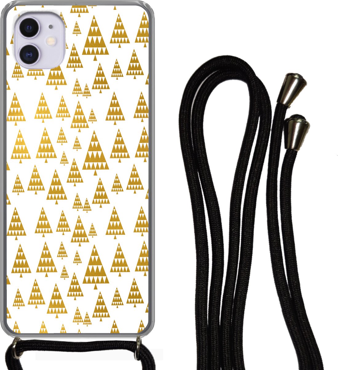 Telefoonhoesje Geschikt voor iPhone 11 - Kerstboom - Wit - Goud - Patronen - Siliconen - Crossbody - Backcover met Koord - Telefoonhoesje met koord - Hoesje met touw Telefoonhoesje