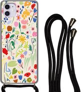 Hoesje met koord Geschikt voor iPhone 11 - Bloem - Patronen - Planten - Siliconen - Crossbody - Backcover met Koord - Telefoonhoesje met koord - Hoesje met touw