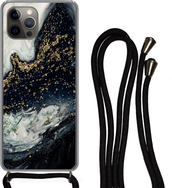 Coque avec cordon iPhone 12 Pro - Imprimé marbré - Natuursteen - Goud - Siliconen - Bandoulière - Coque arrière avec cordon - Coque pour téléphone avec cordon - Coque avec corde