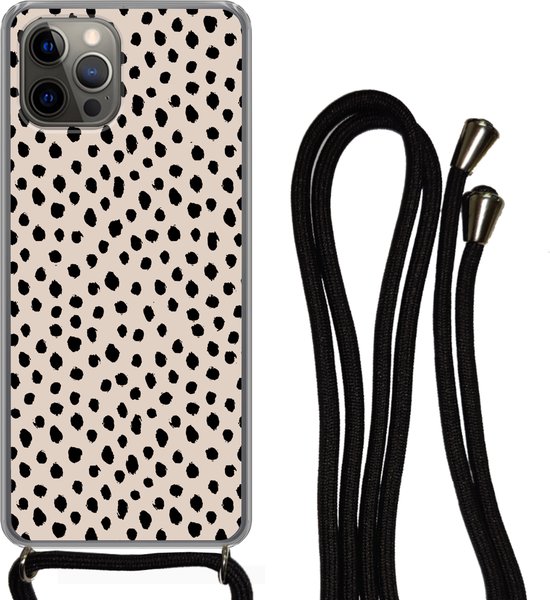 Coque avec cordon iPhone 13 Pro - Pois - Zwart - Beige - Siliconen - Bandoulière - Coque arrière avec cordon - Coque pour téléphone avec cordon - Coque avec corde