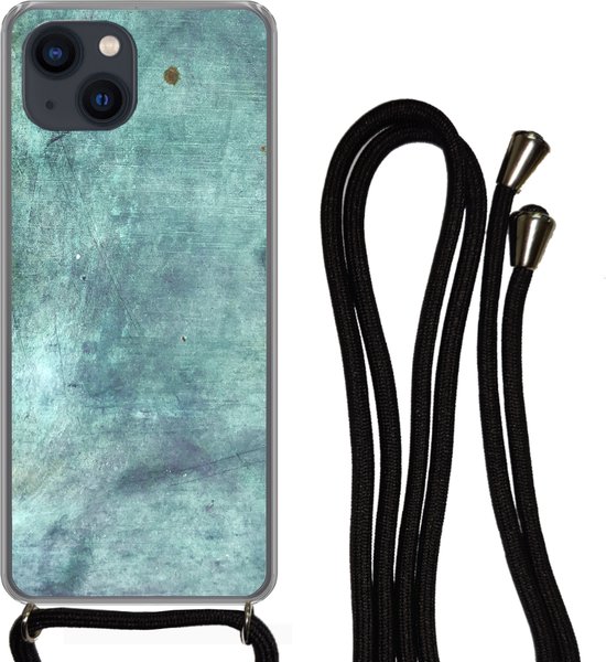 Telefoonkoord - Telefoonketting - Telefoonhoesje Geschikt voor iPhone 13 Mini - Staalplaat - Blauw - Roest print - Siliconen - Crossbody - Telefoonhoesje met koord