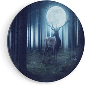 Artaza Dibond Muurcirkel Hert In Het Bos Tijdens Volle Maan - Ø 50 cm - Klein - Wandcirkel - Rond Schilderij - Voor Binnen en Buiten