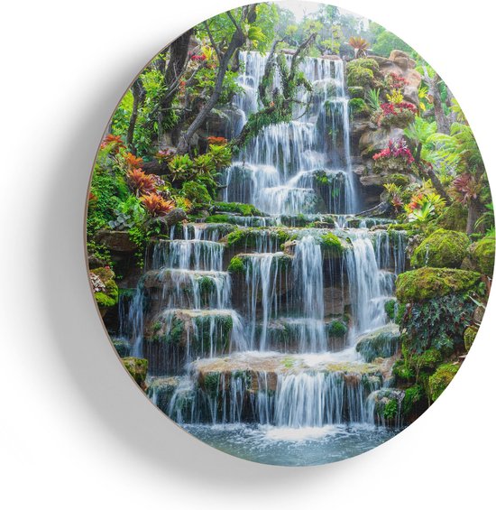 Artaza Houten Muurcirkel - Tropische Waterval In Thailand - Ø 85 cm - Groot - Multiplex Wandcirkel - Rond Schilderij
