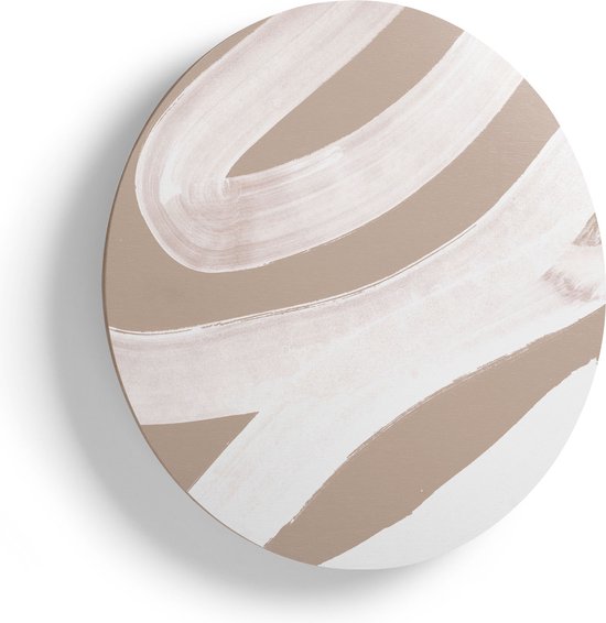 Artaza Houten Muurcirkel - Abstracte Kunst - Witte Strepen op Beige - Ø 90 cm - Groot - Multiplex Wandcirkel - Rond Schilderij