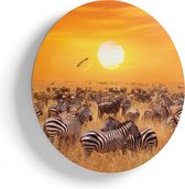 Artaza Houten Muurcirkel - Kudde Zebra's Bij Een Oranje Zonsondergang - Ø 70 cm - Multiplex Wandcirkel - Rond Schilderij