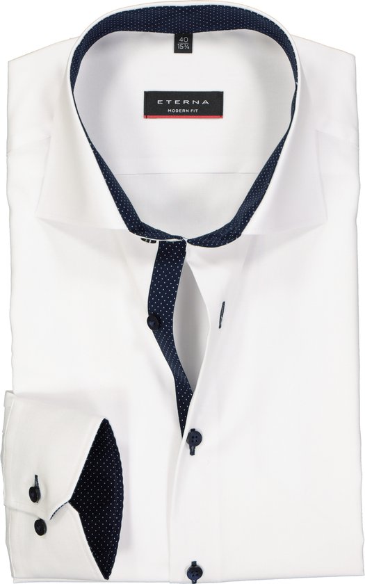 ETERNA modern fit overhemd - fijn Oxford heren overhemd - wit (blauw gestipt contrast) - Strijkvrij - Boordmaat: 42
