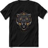 Wolf - Dieren Mandala T-Shirt | Geel | Grappig Verjaardag Zentangle Dierenkop Cadeau Shirt | Dames - Heren - Unisex | Wildlife Tshirt Kleding Kado | - Zwart - S