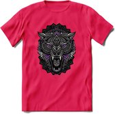 Wolf - Dieren Mandala T-Shirt | Paars | Grappig Verjaardag Zentangle Dierenkop Cadeau Shirt | Dames - Heren - Unisex | Wildlife Tshirt Kleding Kado | - Roze - S