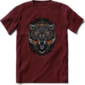 Wolf - Dieren Mandala T-Shirt | Oranje | Grappig Verjaardag Zentangle Dierenkop Cadeau Shirt | Dames - Heren - Unisex | Wildlife Tshirt Kleding Kado | - Burgundy - L