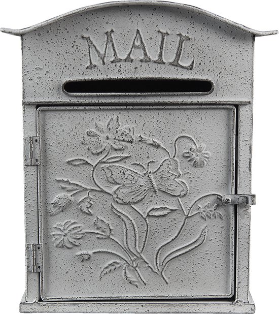 Foto: Clayre eef brievenbus 26x10x31 cm grijs wit metaal bloemen mail wandbrievenbus