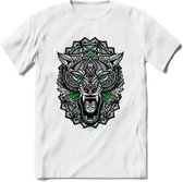 Wolf - Dieren Mandala T-Shirt | Groen | Grappig Verjaardag Zentangle Dierenkop Cadeau Shirt | Dames - Heren - Unisex | Wildlife Tshirt Kleding Kado | - Wit - L