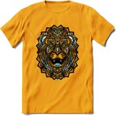 Leeuw - Dieren Mandala T-Shirt | Lichtblauw | Grappig Verjaardag Zentangle Dierenkop Cadeau Shirt | Dames - Heren - Unisex | Wildlife Tshirt Kleding Kado | - Geel - XXL