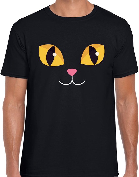 Kat / poes gezicht verkleed t-shirt - zwart - voor heren - Carnaval - Dieren - Katten gezicht S