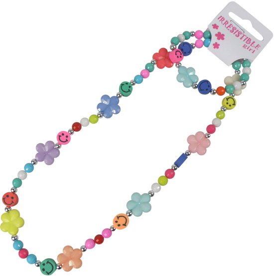 Kinderketting en Armband 40.0cm Elastisch - Gekleurde Facetkraaltjes, Emojis en Bloemetjes - Multi