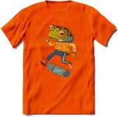 Casual kikker T-Shirt Grappig | Dieren reptiel Kleding Kado Heren / Dames | Animal Skateboard Cadeau shirt - Oranje - M