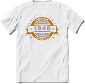 Premium Since 1946 T-Shirt | Goud - Zilver | Grappig Verjaardag Kleding Cadeau Shirt | Dames - Heren - Unisex Tshirt | - Wit - 3XL