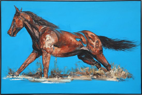 Fine Asianliving Olieverf Schilderij 100% Handgeschilderd 3D met Reliëf Effect en Zwarte Omlijsting 100x150cm Paard Blauw
