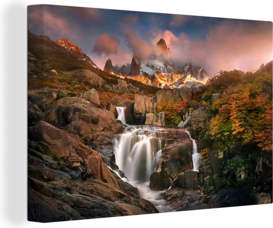 Canvas - Waterval - Rotsen - Argentinië - Fitz Roy - Wanddecoratie - 90x60 cm - Canvas schilderij - Woonkamer