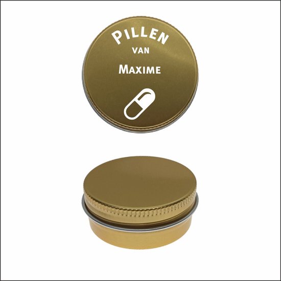 Boîte dorée avec couvercle imprimé 'PILLEN VAN MAXIME' et une icône de capsule.