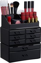 Relaxdays 1x make-up organizer - zwart - cosmetica - acryl - stapelbaar - met lades