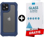 Backcover Shockproof Carbon Hoesje iPhone 12 Blauw - Gratis Screen Protector - Telefoonhoesje - Smartphonehoesje