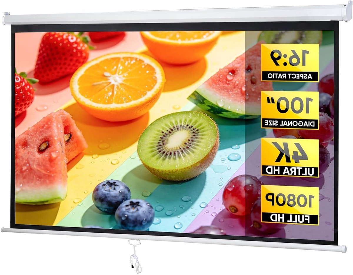 Projectorscherm Pull Down - Filmscherm Opvouwbaar - Home Theater Films - Kreukvrij Zwart Achterscherm - 100 Inch 16:9 - Wit