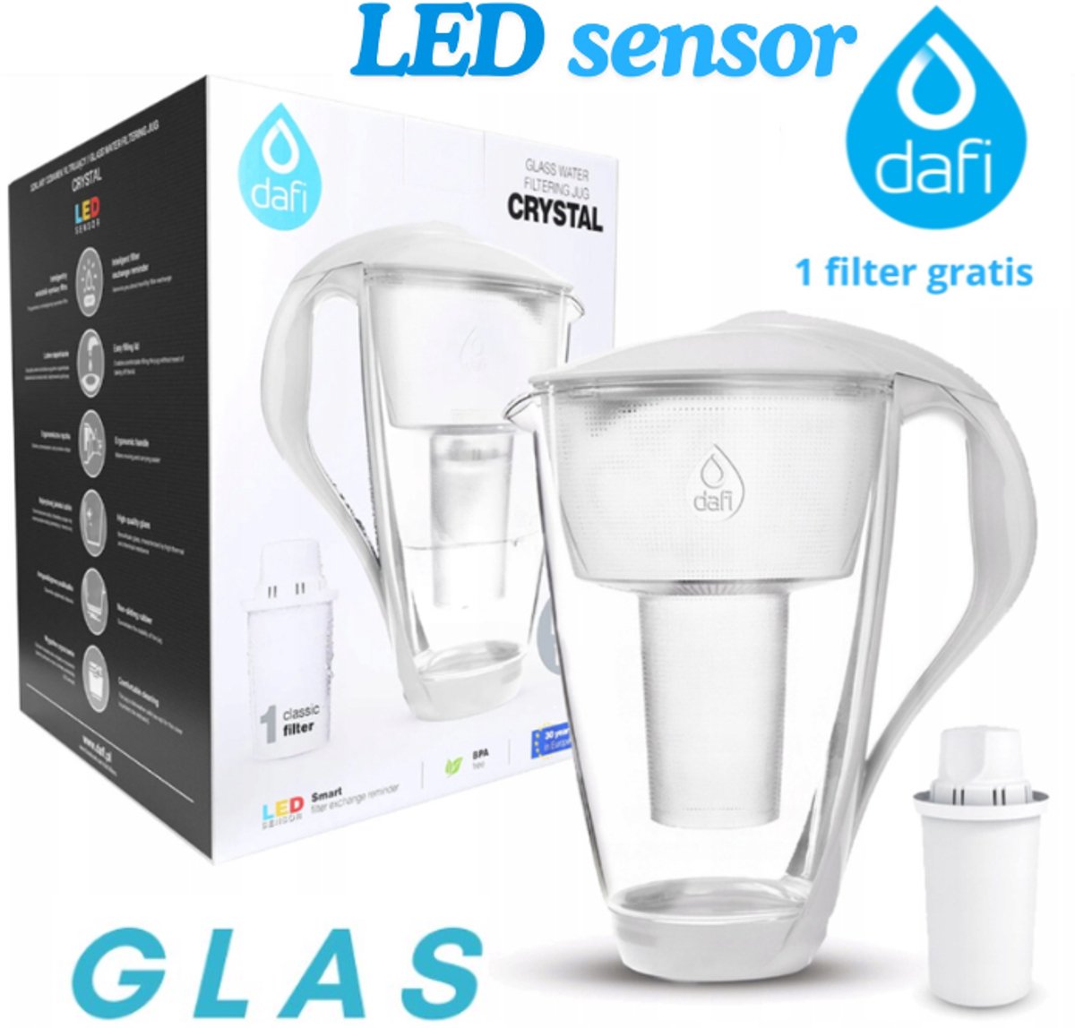 Dafi Crystal LED kan van het gerenommeerde merk DAFI in zwart, samen met een standaard Classic type filter. Uitgerust met met een opklapbaar deksel om water te gieten zonder het deksel te verwijderen en een LED-indicator voor slijtage van het patroon
