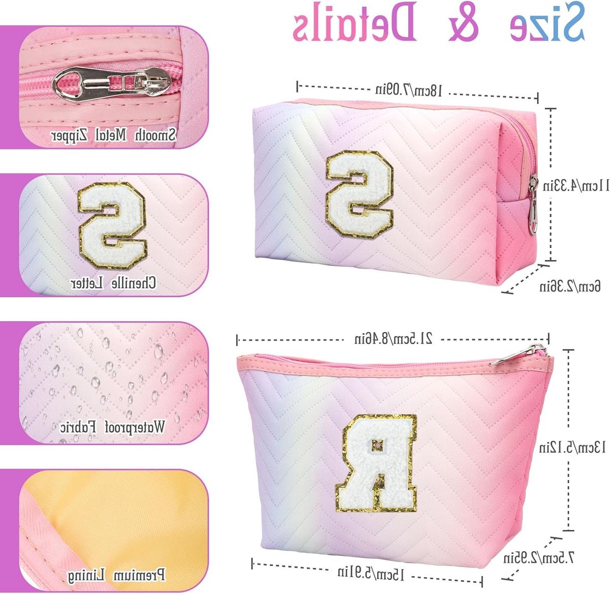 Persoonlijke Make-up Tas voor Vrouwen met Initialen - Verjaardagscadeau, Waterdicht Toilettas, Cosmetica Organizer in Roze, Set van 2