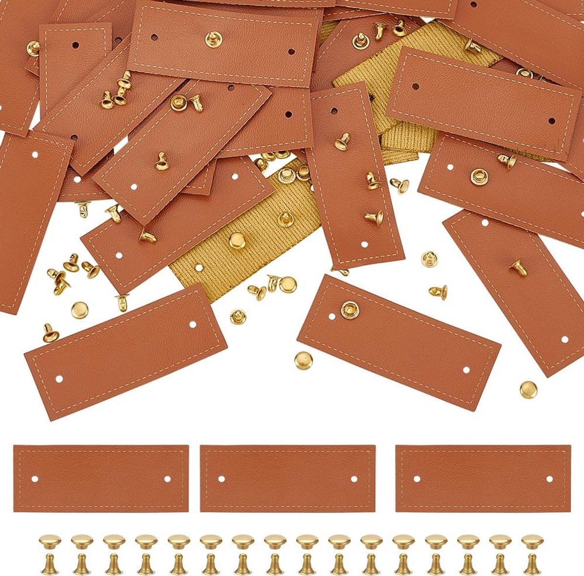 60 Sets PU Leer Labels 2x5cm - Chocolade Kleur Handgemaakte Tags met Nieten - Rechthoekige Lege Versieringen voor DIY Accessoires, Jeans, Tassen en Hoeden