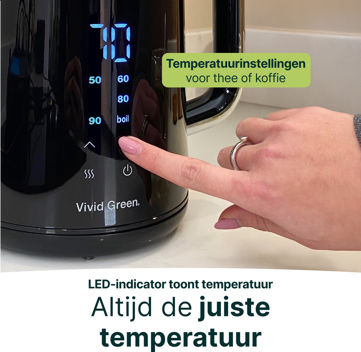 Vivid Green 2200W Waterkoker - 1.7L - Instelbare Temperatuur - BPA-vrij - Dubbelwandig - Warmhoudfunctie - Elektrisch - RVS - Zwart — afbeelding 5
