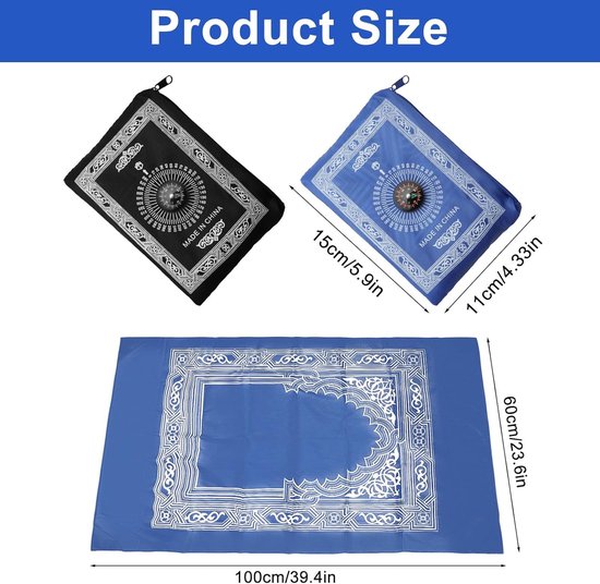 Bidmat Set - Reisgebedskleed Kompas - Gebed Buiten Huis - Ingebouwd Kompas Winddicht - 100 x 60 cm - Zwart Blauw — afbeelding 5