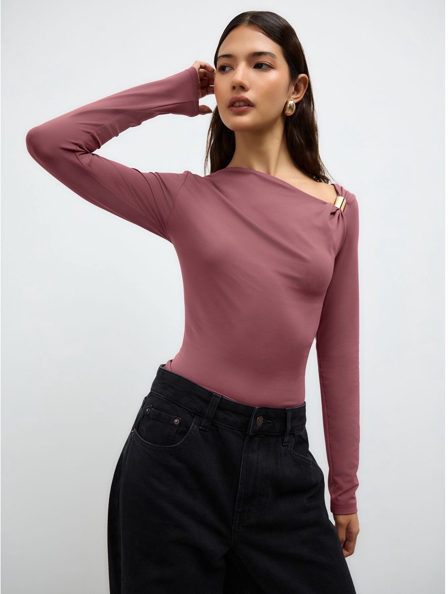 Next - Dames - Soft Touch Nylon Asymmetric Hardware Long Sleeve Top - Paars
