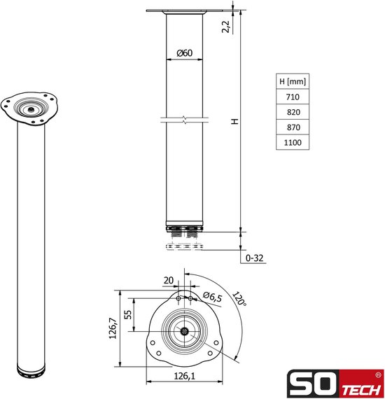 SOTECH 4 stuks Tafelpoten Hoogte 820 mm 76/80 mm staal met zwart oppervlak belastbaar tot 300 kg (75 kg per stuk) met 32 mm hoogteverstelling