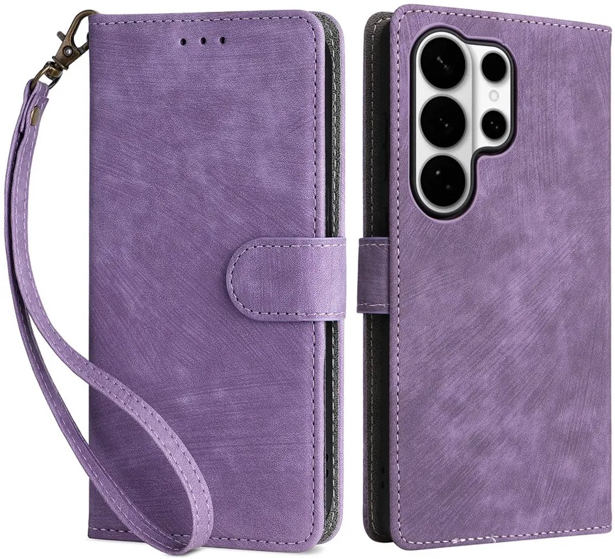 Hoesje geschikt voor Samsung Galaxy S26 Ultra - Phonesta Vintage Skin Book Wallet Case met afneembaar koord - Paars