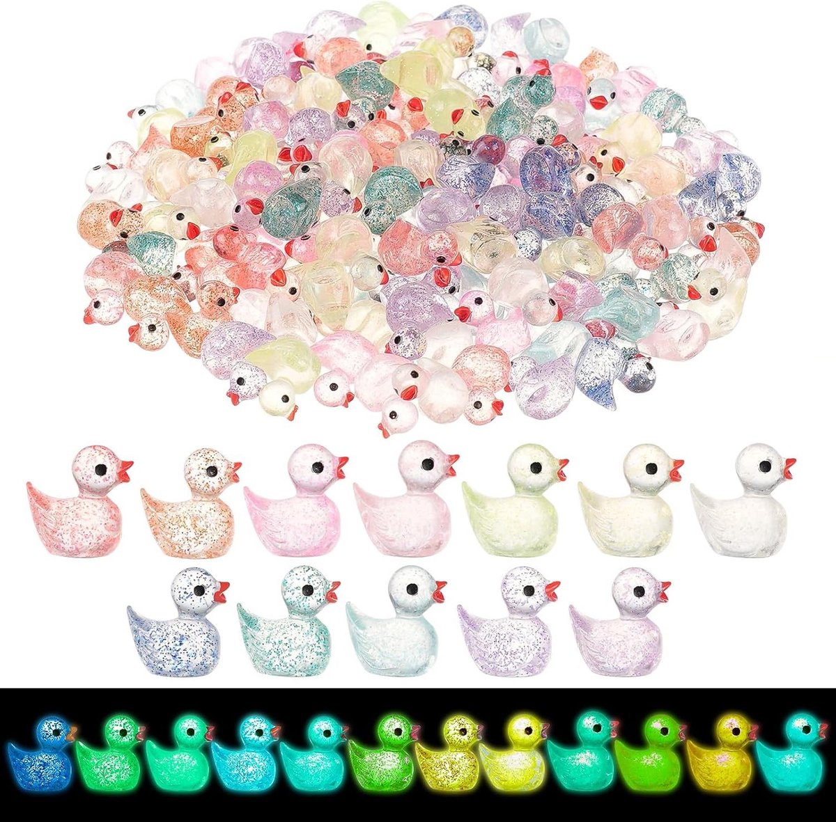 Mini Hars Eenden - Kleine Eendjes Beeldjes - Miniatuur Decoratie - Glow-in-the-Dark - 240 Stuks - Gemengde Kleuren