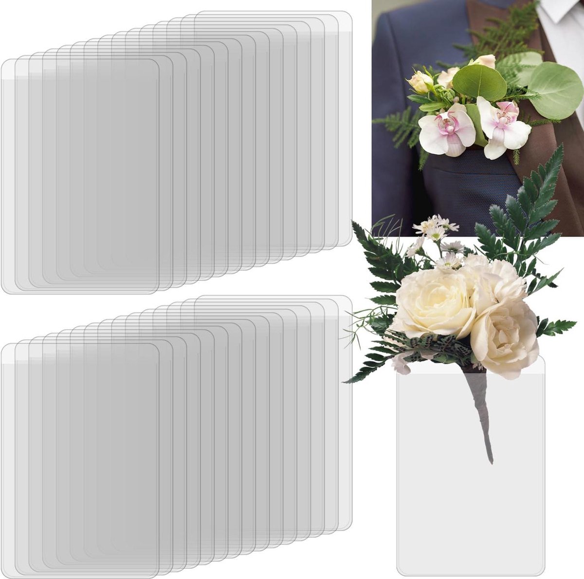 30pcs Pocket Boutonniere Plastic Case, Bendable Clear Card Plastic Pouch Holder No-Lapel Pin Boutonniere Pouch Holder for Wedding Prom Homecoming (Flowers Not Included), Polyvinyl Chloride