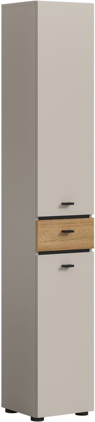 Hoge witte kast met een houten lade in het midden en zwarte handgrepen.