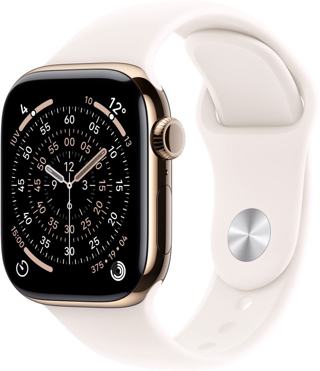 Apple Watch Series 11 GPS + mobiele connectiviteit 46 mm– gouden titanium kast met lichtroze sportband – M/L