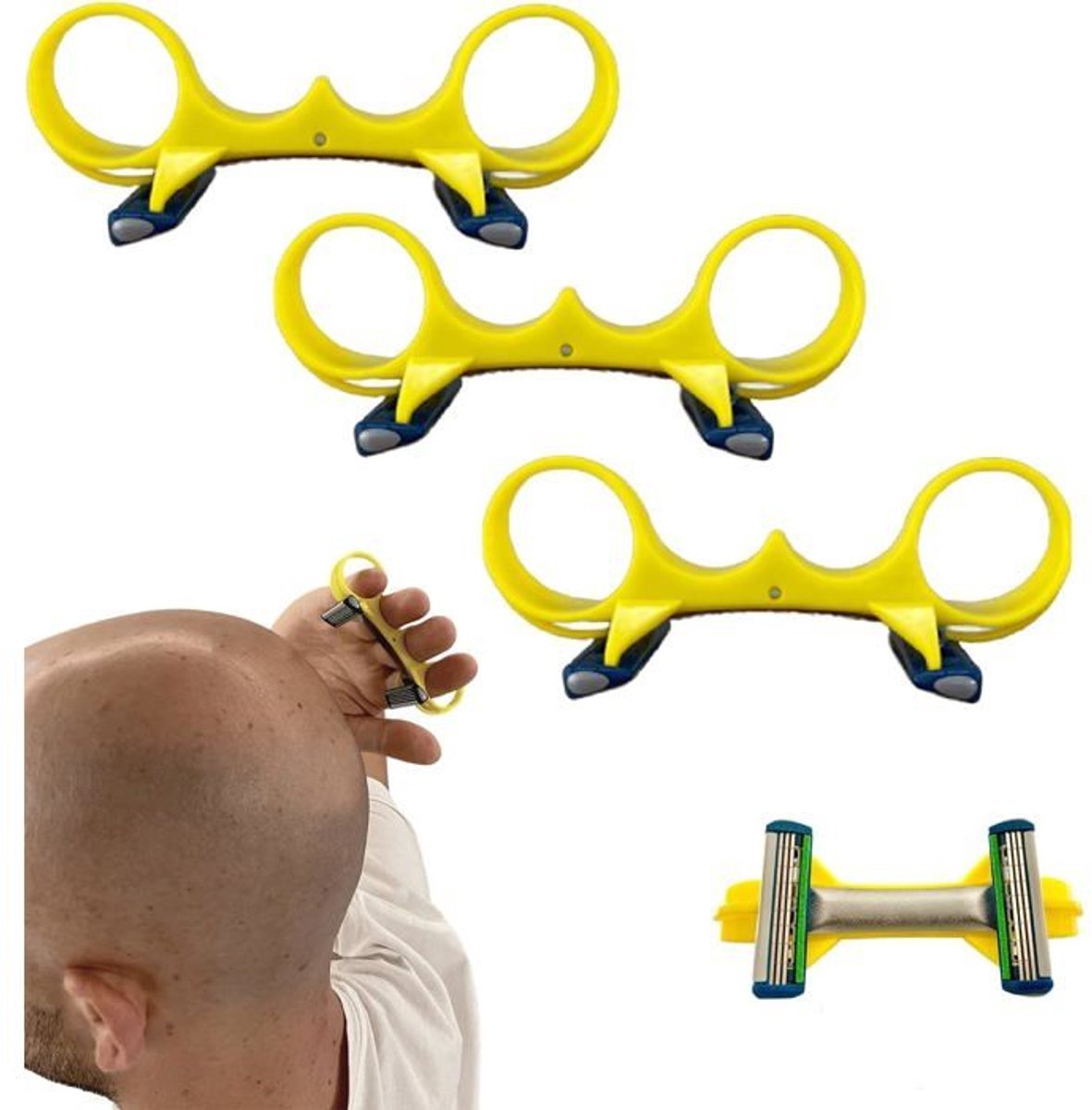Driedelige set snelle haartrimmers voor kale mannen, bestaande uit een scheerapparaat voor het hoofd, een trimmer voor het hoofdhaar, een baardtrimmer en een trimmer voor het lichaam.