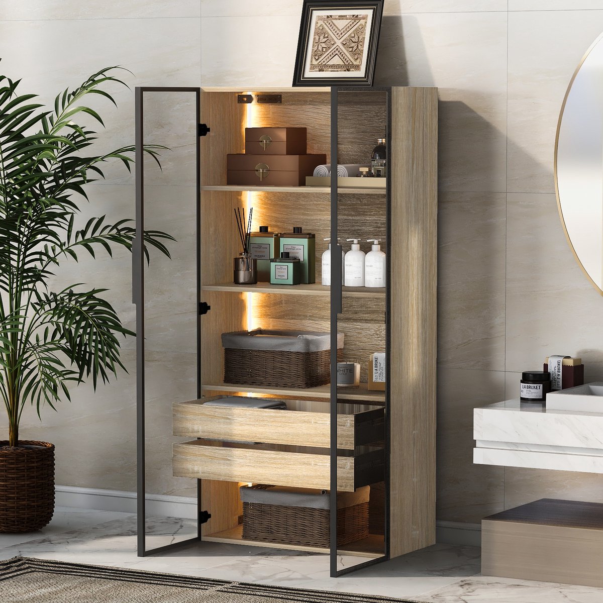 Wishdor - Opbergkast - Met LED-Verlichting, Matglazen Deuren, Open Vakken En Laden - Modern Minimalistisch Ontwerp - Wand Of Vrijstaand Voor Badkamer, Slaapkamer, Woonkamer Of Werkkamer - MDF - Naturel