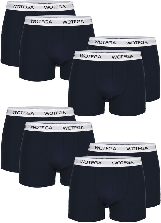 Set van zes donkerblauwe boxershorts met witte WOTEGA-band.