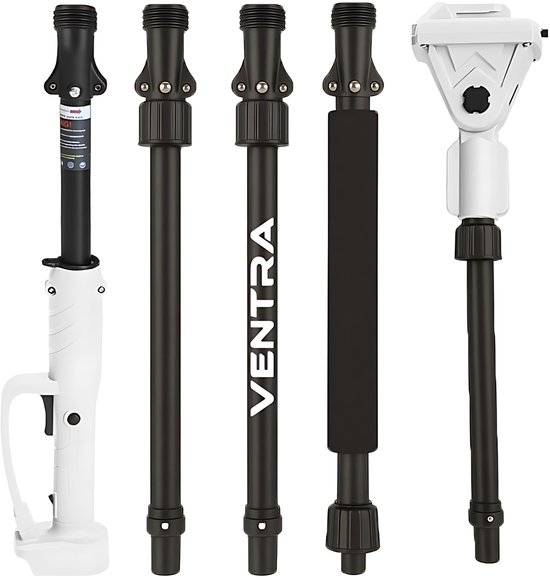 Onderdelen van de Ventra telescoopsteel, inclusief handvat en verlengstukken.