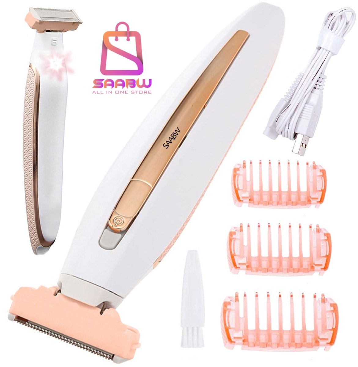 Dames Epilator & Bikini Trimmer USB – Pijnloos Ontharen met LED Licht – Verwisselbare Opzetstukken – epilator dames – bikini trimmer vrouw – usb epilator – epilator – lichaam ontharen apparaat – 14616